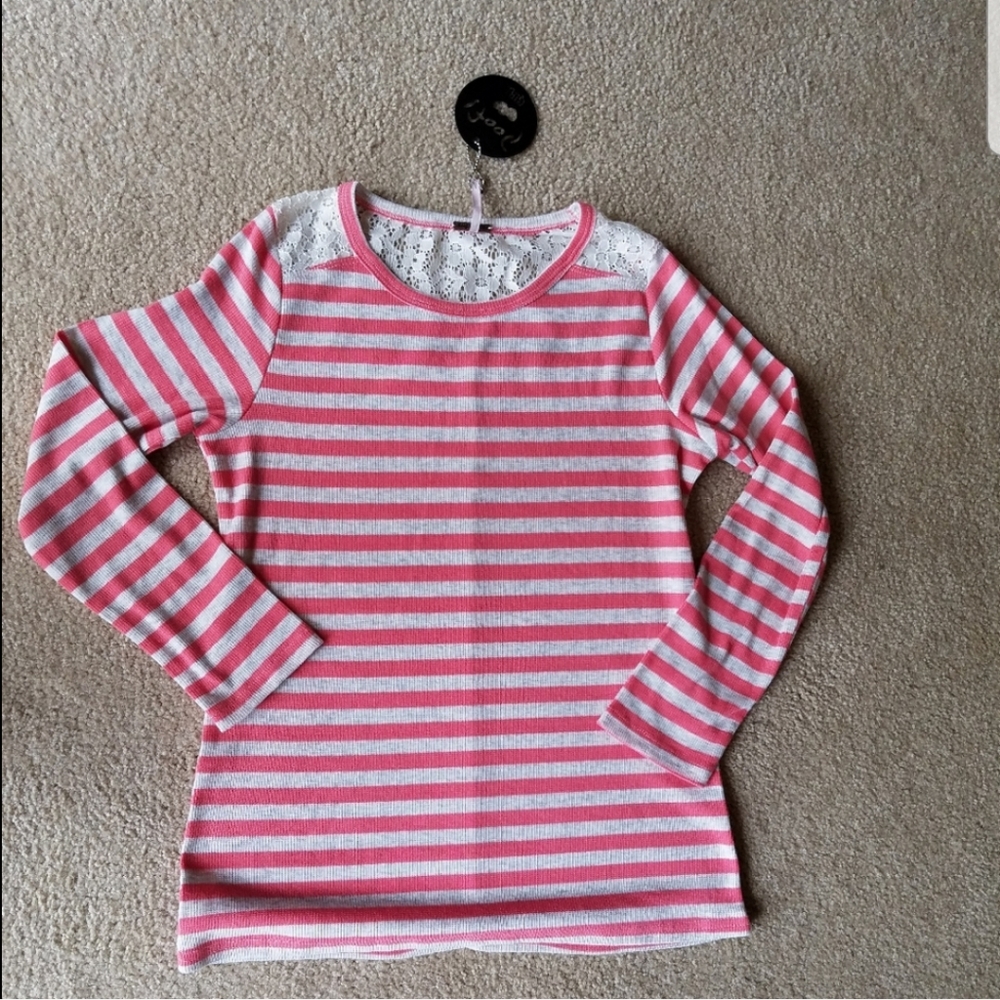 Poof! Pink Striped Long Sleeve Lace Insert Top NWT